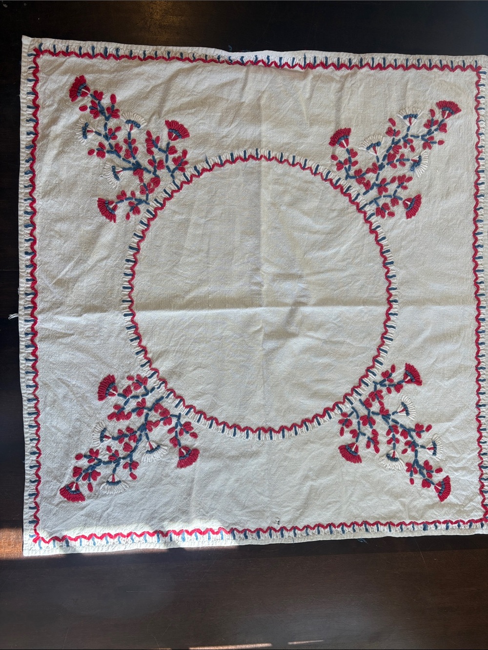 Vintage European Folk Art Embroidered Square Tablecloth Topper Satin Stitch